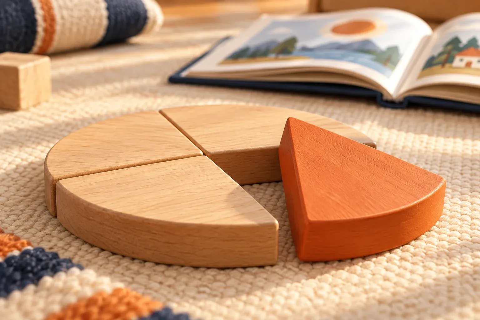 Kepingan pecahan kayu yang sebagian tersusun di alas belajar, dengan buku gambar terbuka di belakang