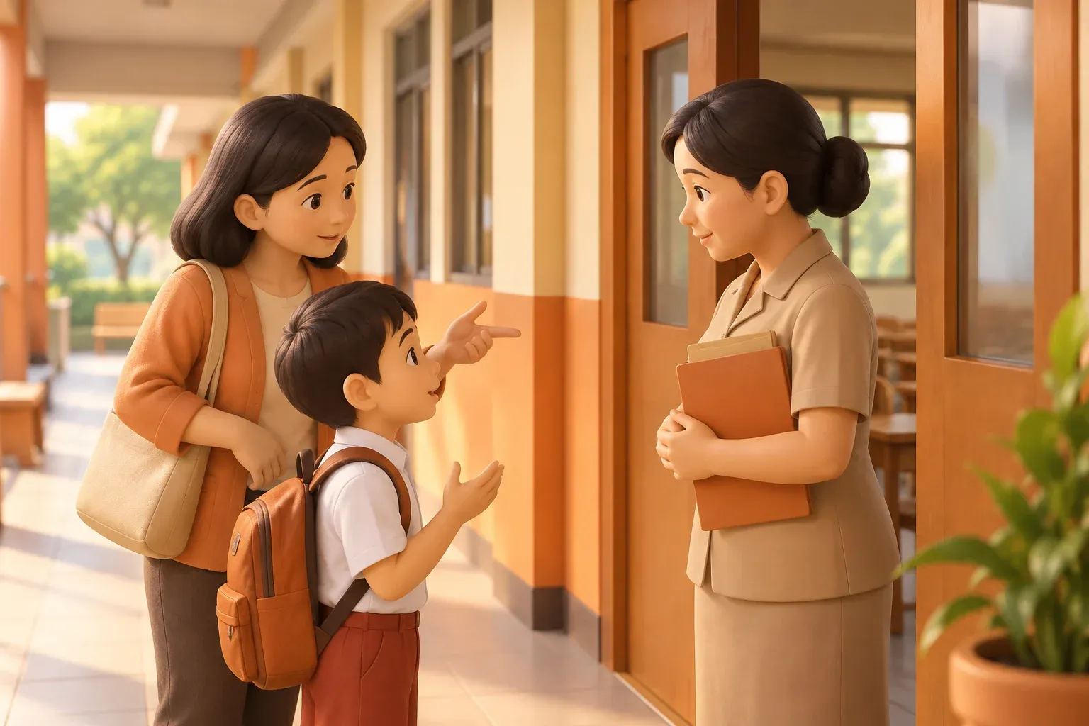 Anak dan pendamping meminta arahan kepada petugas sekolah di lorong.